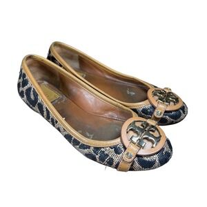 Tory Burch Aaden Ballet Flats Leopard Raffia Gold Logo Size 5 Tan Black